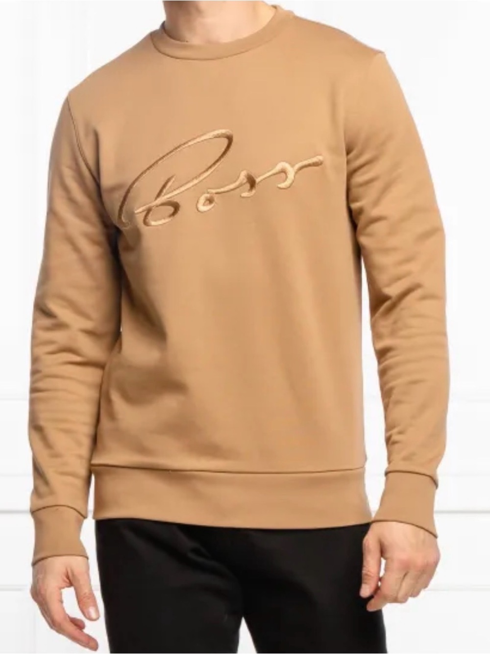Boss Men’s Camel Crewneck Sweatshirt with Script Logo